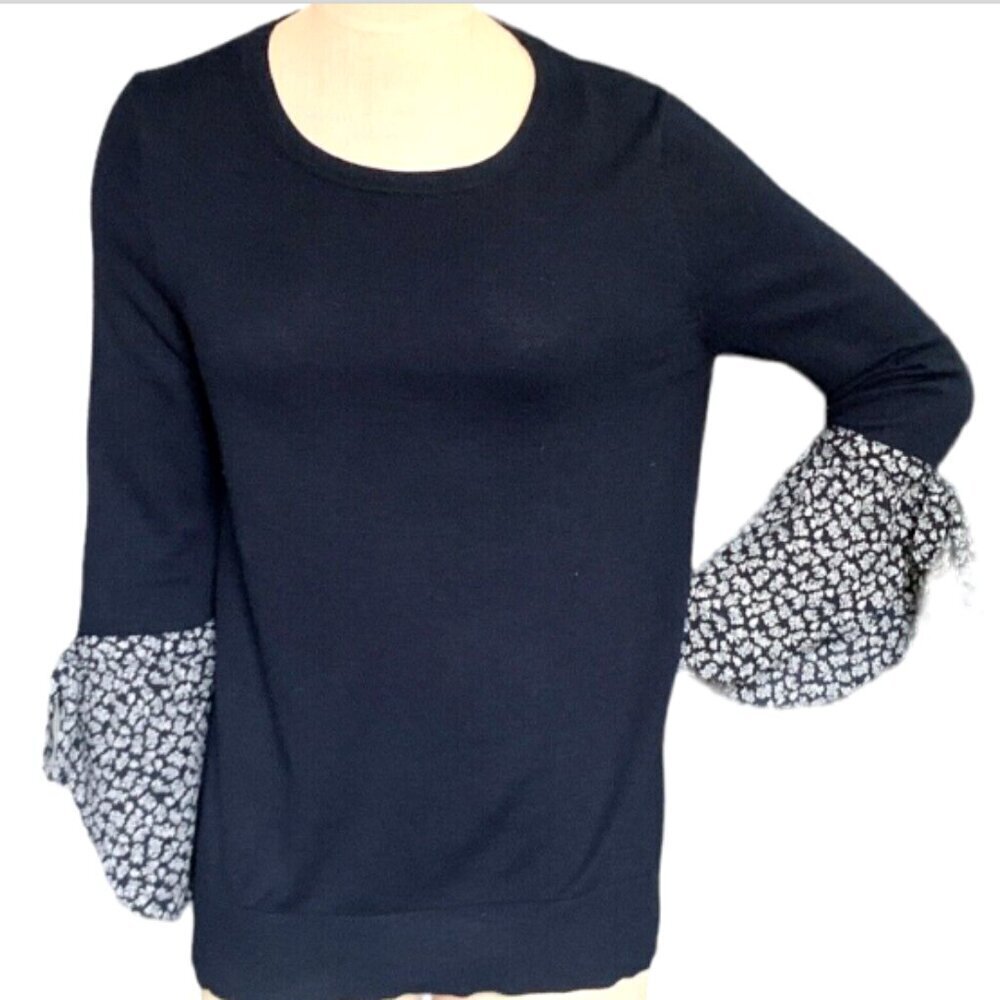 LOFT Cotton Knit Long Sleeve‎ Top Floral Print Bell Sleeve Sz M Navy Blue #125C